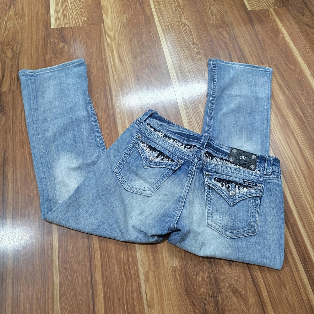 Miss Me Bootcut Jeans Womens 32 Blue Embellished Sequin Pockets Easy Boot